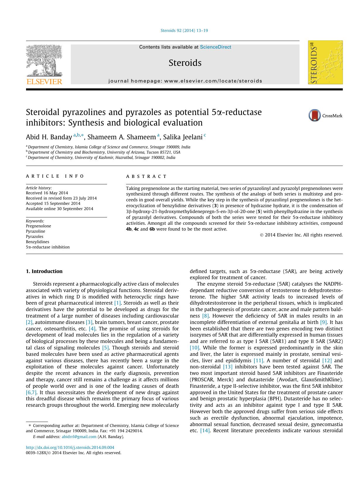 Steroidal pyrazolines and pyrazoles as potential 5ÃÂ±-reductase inhibitors: Synthesis and biological evaluation by Abid H. Banday & Shameem A. Shameem & Salika Jeelani