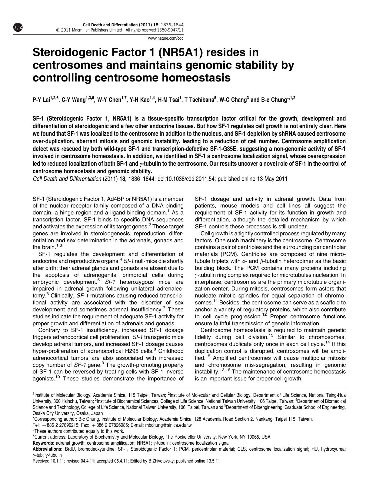 Steroidogenic Factor 1 (NR5A1) resides in centrosomes and maintains genomic stability by controlling centrosome homeostasis by P-Y Lai & C-Y Wang & W-Y Chen & Y-H Kao & H-M Tsai & T Tachibana & W-C Chang & B-c Chung &