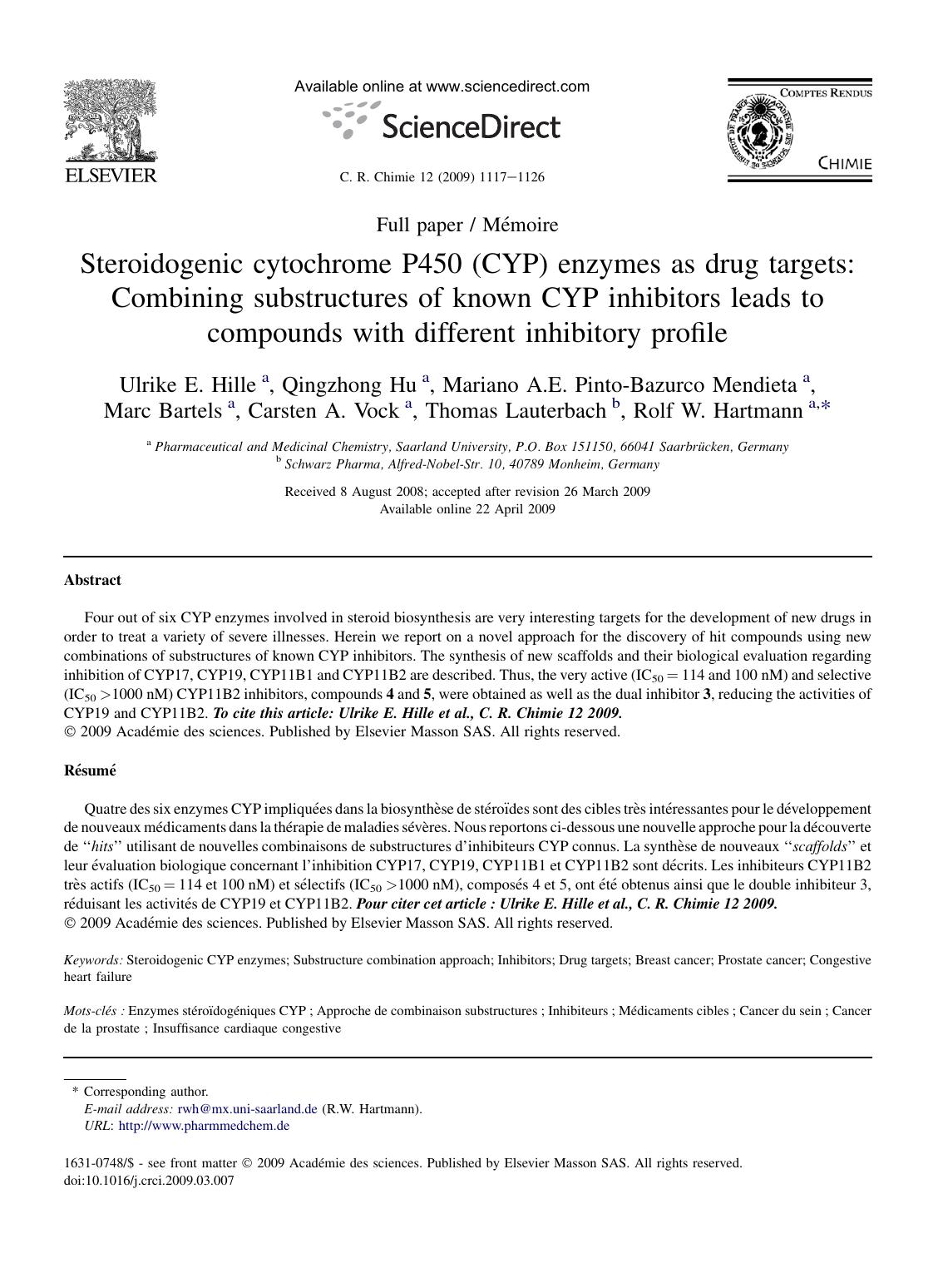 Steroidogenic cytochrome P450 (CYP) enzymes as drug targets: Combining substructures of known CYP inhibitors leads to compounds with different inhibitory profile by unknow