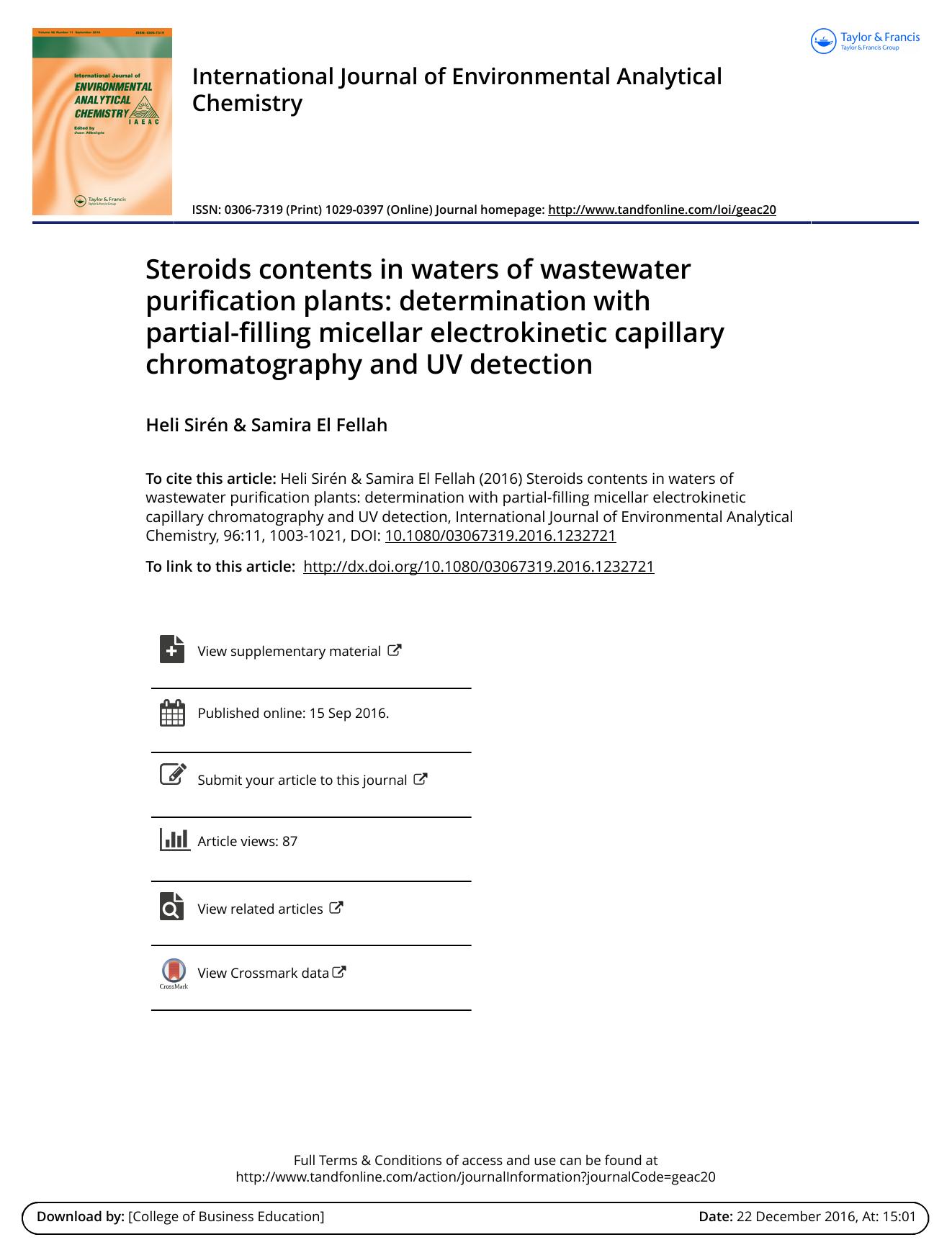 Steroids contents in waters of wastewater purification plants: determination with partial-filling micellar electrokinetic capillary chromatography and UV detection by Heli Sirén & Samira El Fellah