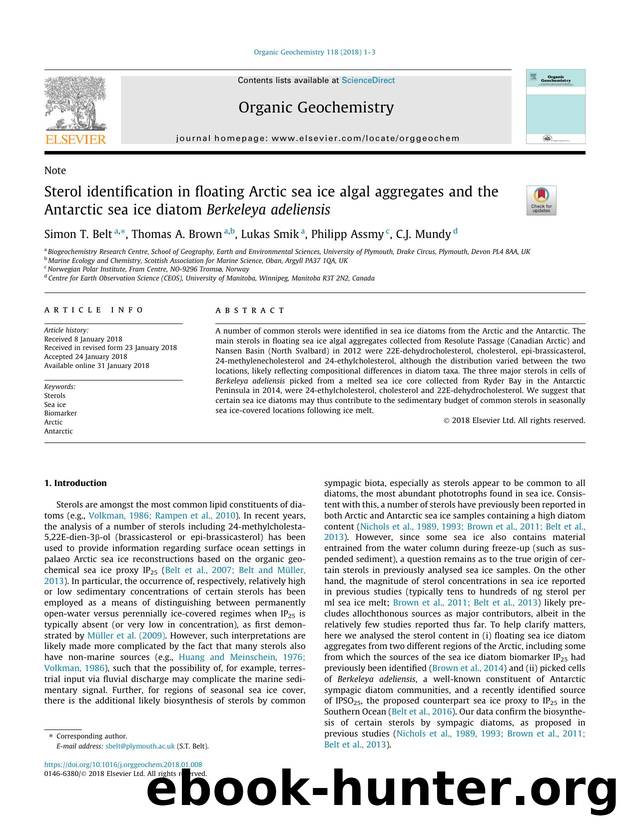 Sterol identification in floating Arctic sea ice algal aggregates and the Antarctic sea ice diatom Berkeleya adeliensis by Simon T. Belt