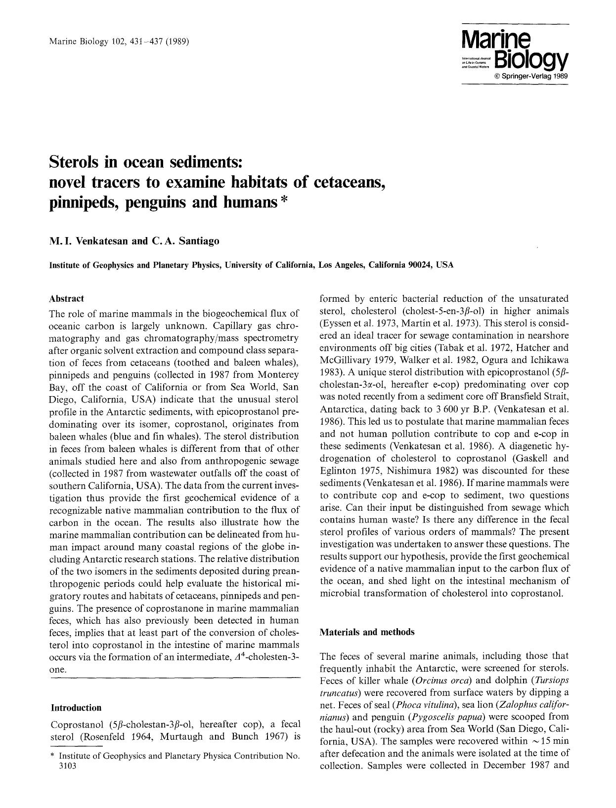 Sterols in ocean sediments: novel tracers to examine habitats of cetaceans, pinnipeds, penguins and humans by Unknown