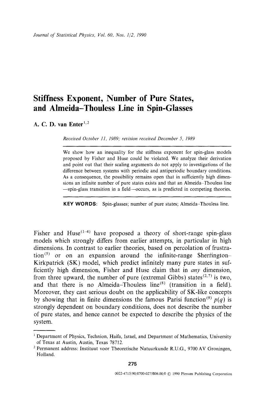Stiffness exponent, number of pure states, and Almeida-Thouless line in spin-glasses by Unknown