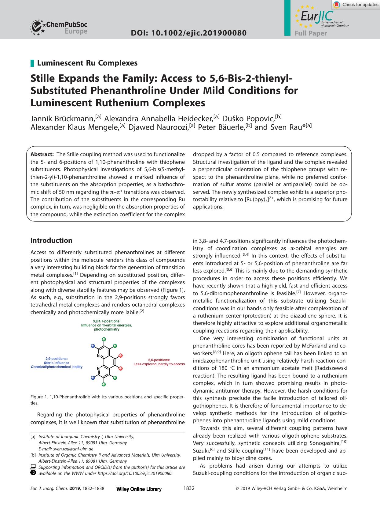 Stille Expands the Family: Access to 5,6âBisâ2âthienylâSubstituted Phenanthroline Under Mild Conditions for Luminescent Ruthenium Complexes by Unknown