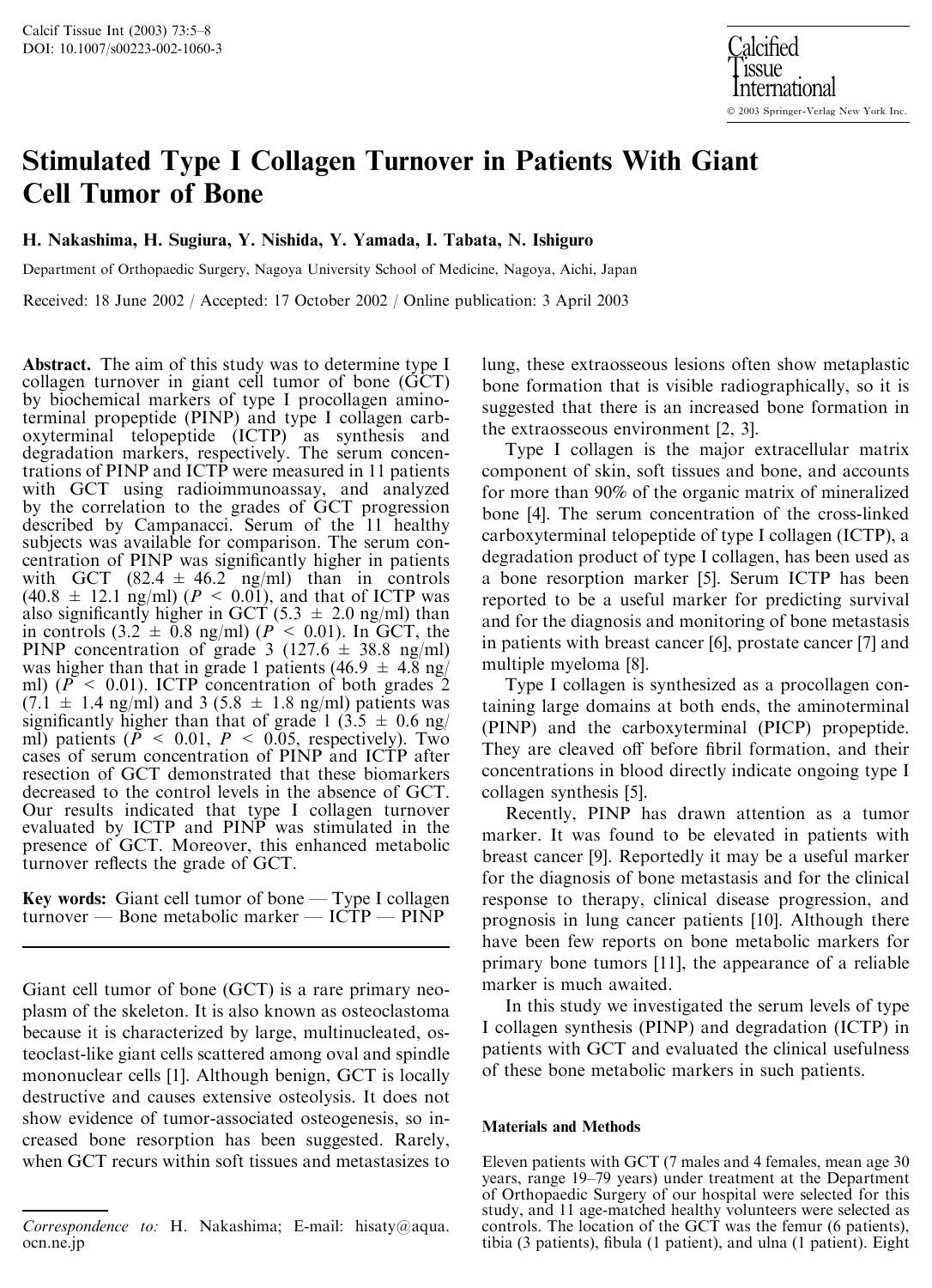 Stimulated Type I Collagen Turnover in Patients With Giant Cell Tumor of Bone by Nakashima H. et al