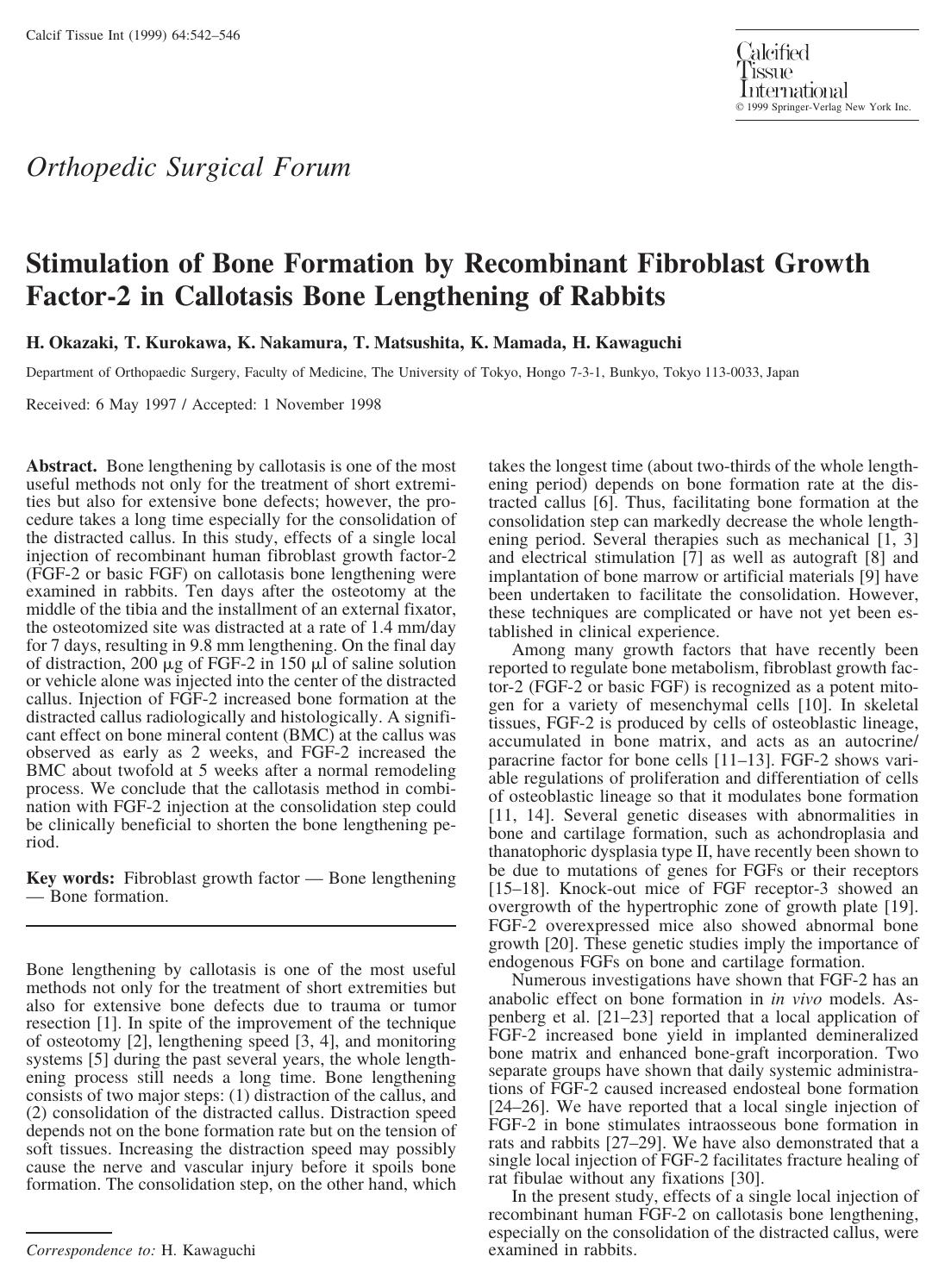 Stimulation of Bone Formation by Recombinant Fibroblast Growth Factor-2 in Callotasis Bone Lengthening of Rabbits by Okazaki H. et al