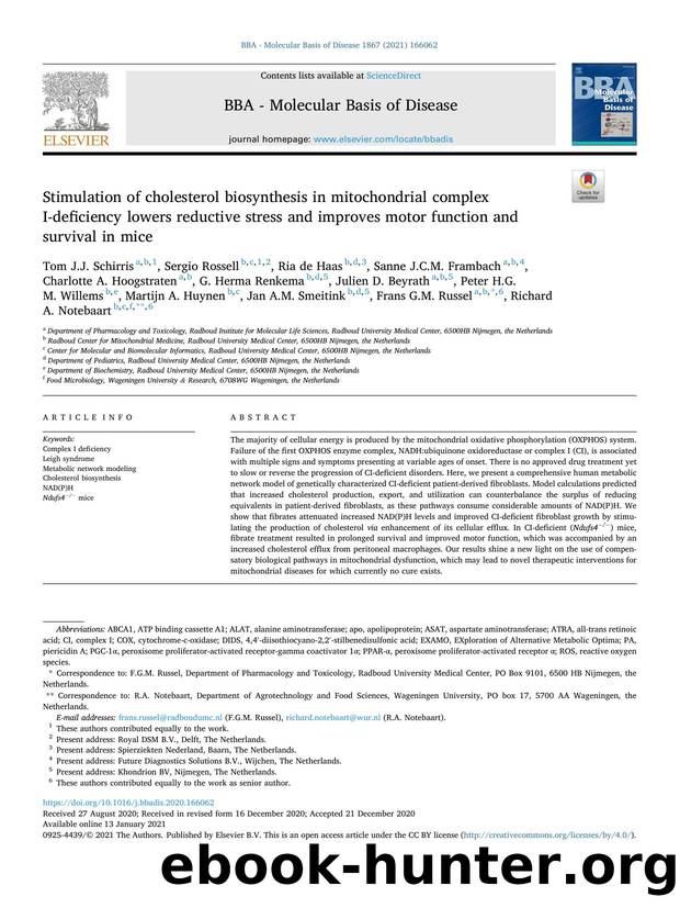 Stimulation of cholesterol biosynthesis in mitochondrial complex I-deficiency lowers reductive stress and improves motor function and survival in mice by unknow
