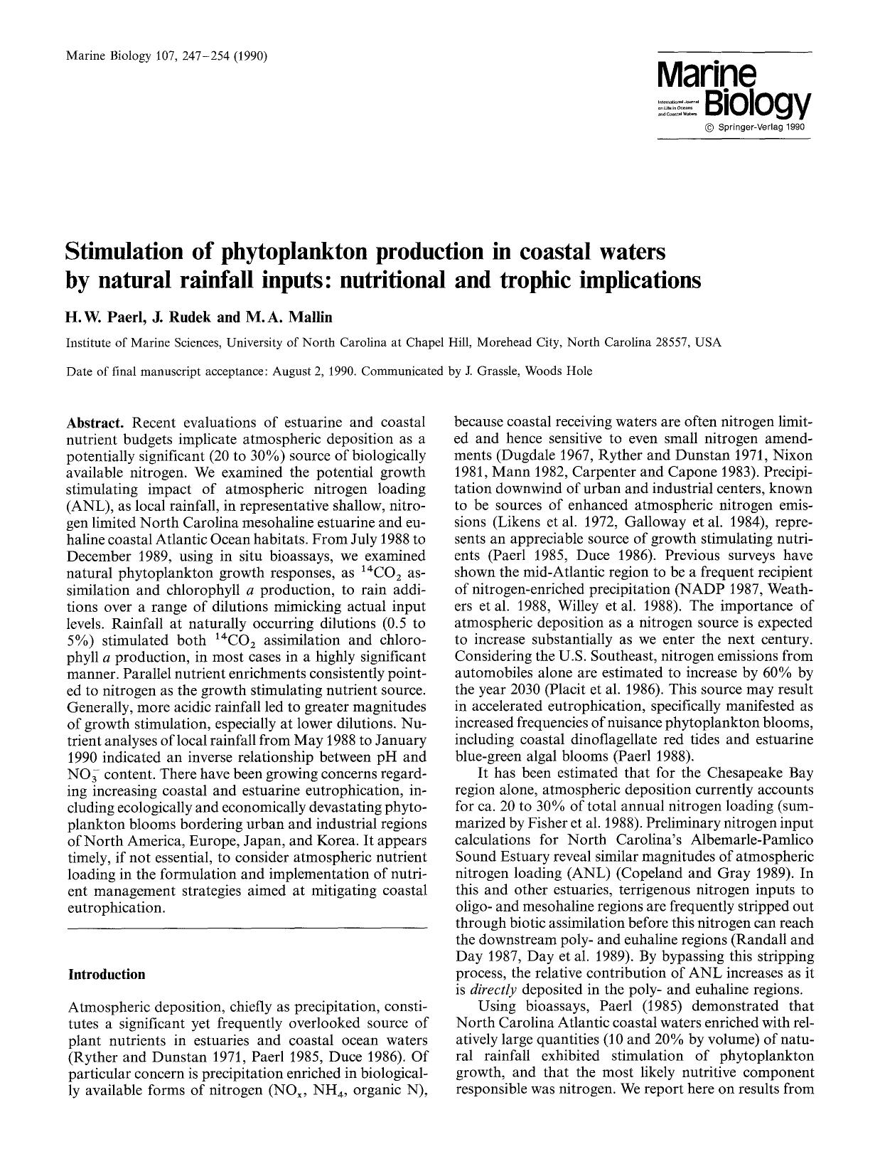 Stimulation of phytoplankton production in coastal waters by natural rainfall inputs: Nutritional and trophic implications by Unknown
