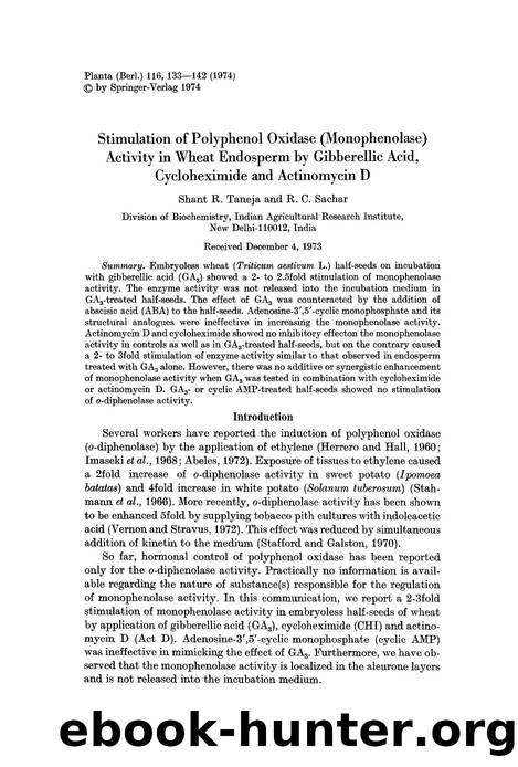 Stimulation of polyphenol oxidase (monophenolase) activity in wheat endosperm by gibberellic acid, cycloheximide and actinomycin D by Unknown