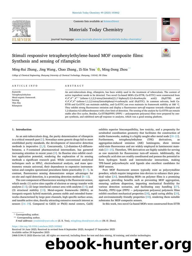 Stimuli responsive tetraphenylethylene-based MOF composite films: Synthesis and sensing of rifampicin by Ming-Rui Zhang