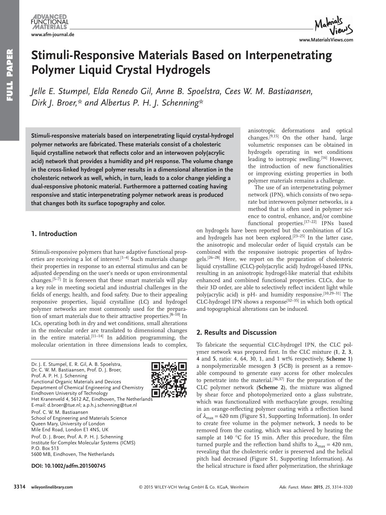 Stimuli‐Responsive Materials Based on Interpenetrating Polymer Liquid Crystal Hydrogels by Unknown