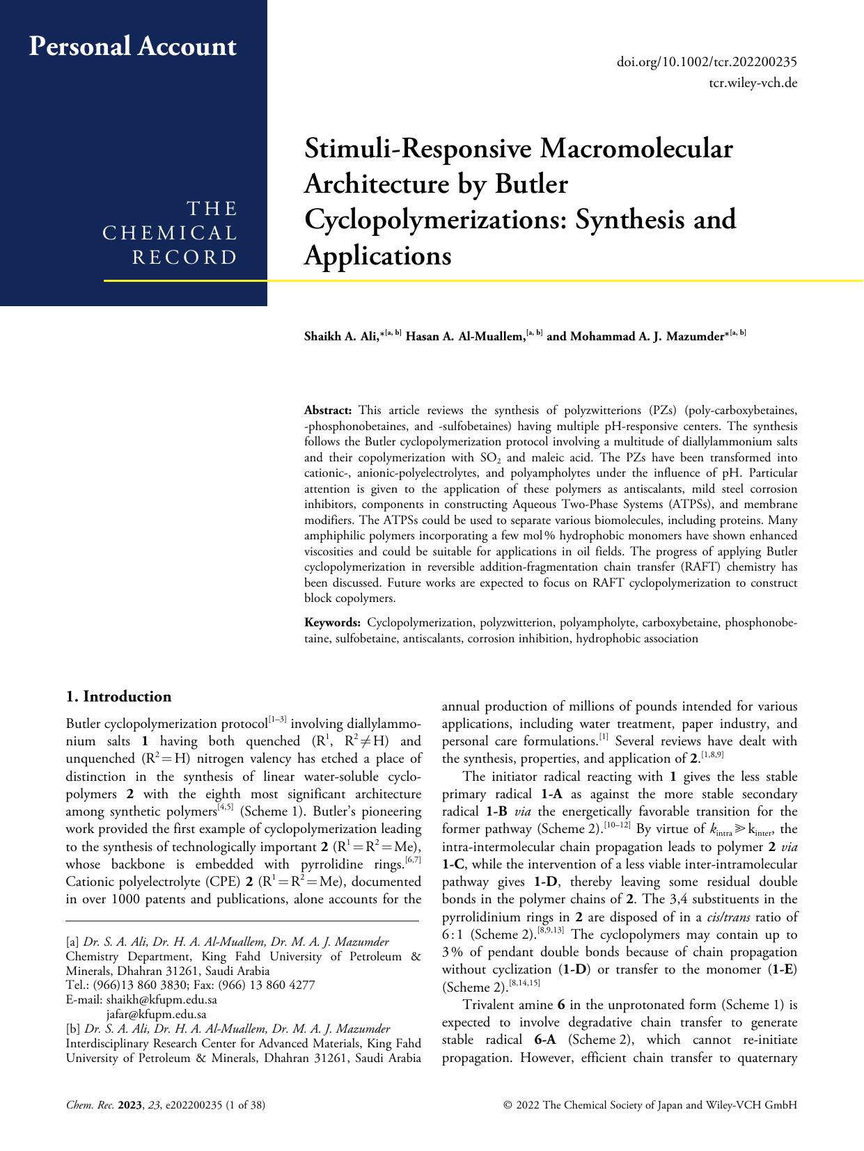 StimuliâResponsive Macromolecular Architecture by Butler Cyclopolymerizations: Synthesis and Applications by Unknown