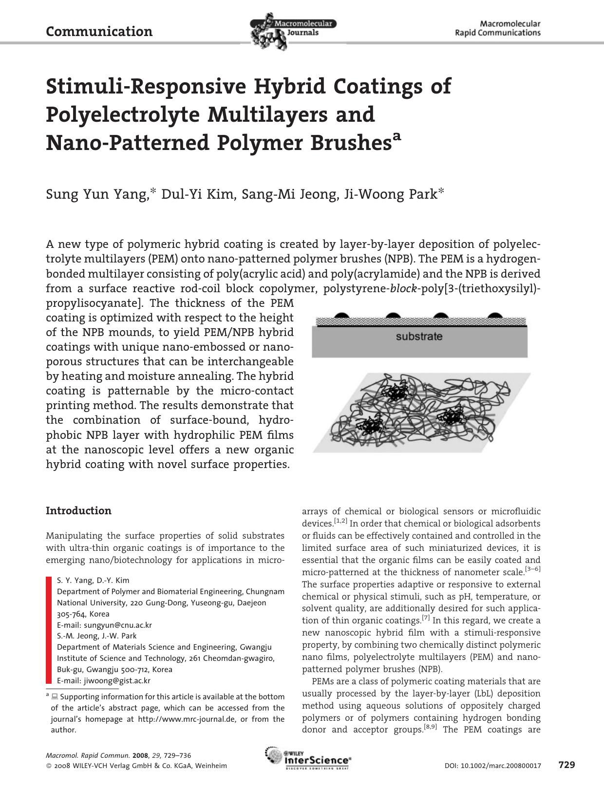 Stimuli-Responsive Hybrid Coatings of Polyelectrolyte Multilayers and Nano-Patterned Polymer Brushes by Unknown