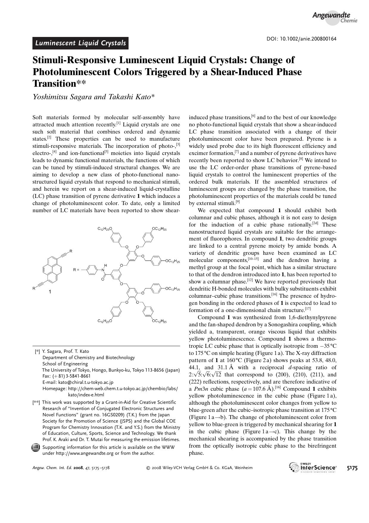 Stimuli-Responsive Luminescent Liquid Crystals: Change of Photoluminescent Colors Triggered by a Shear-Induced Phase Transition by Unknown
