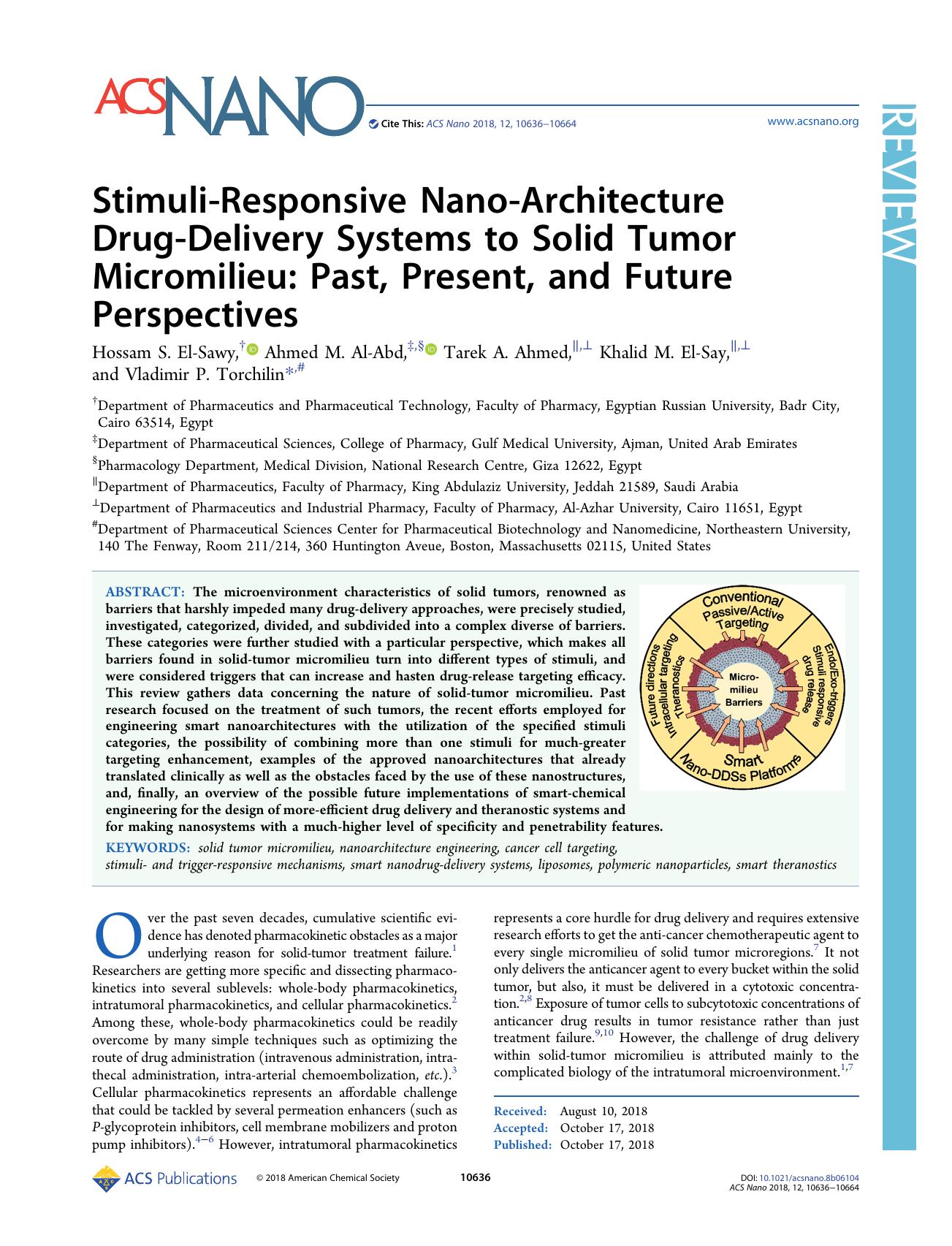Stimuli-Responsive Nano-Architecture Drug-Delivery Systems to Solid Tumor Micromilieu: Past, Present, and Future Perspectives by Hossam S. El-Sawy Ahmed M. Al-Abd Tarek A. Ahmed Khalid M. El-Say and Vladimir P. Torchilin