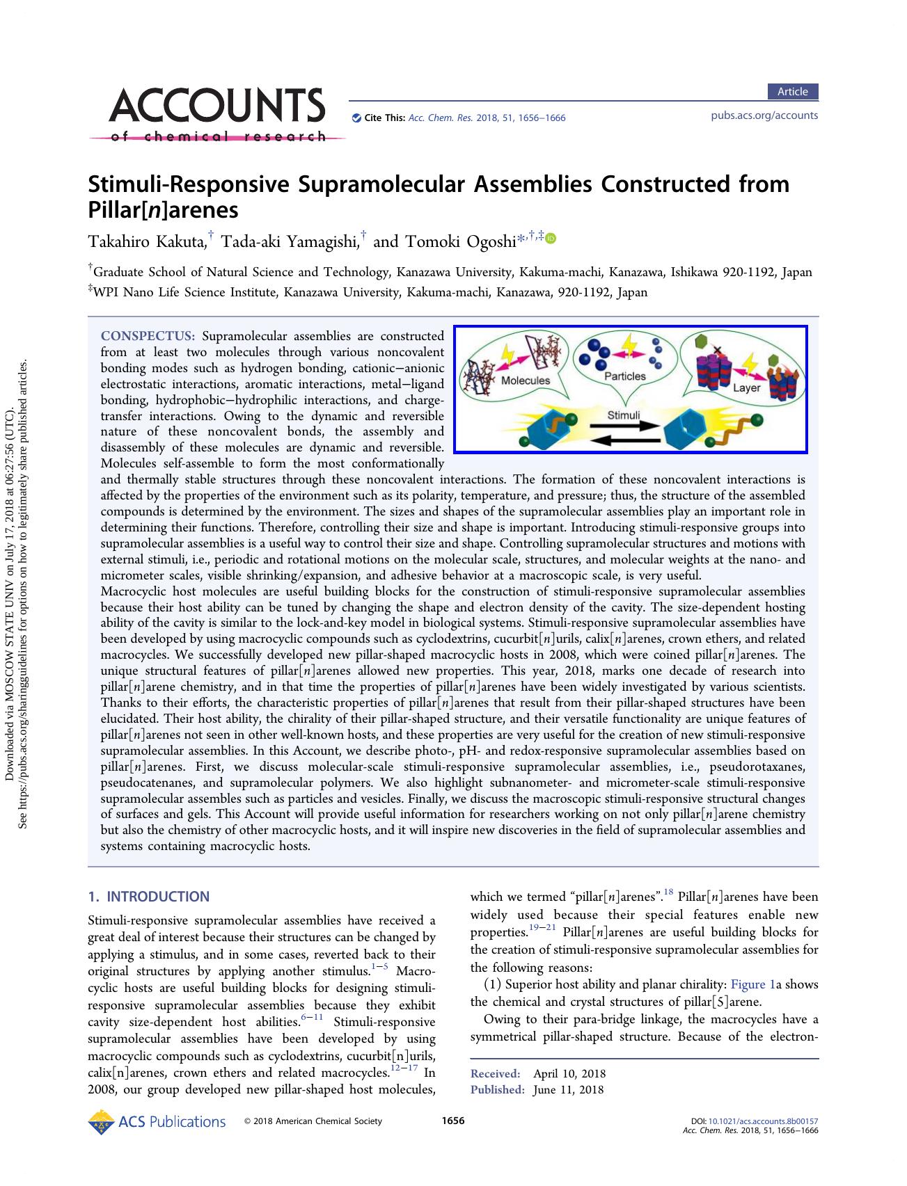 Stimuli-Responsive Supramolecular Assemblies Constructed from Pillar[n]arenes by Takahiro Kakuta & Tada-aki Yamagishi & Tomoki Ogoshi