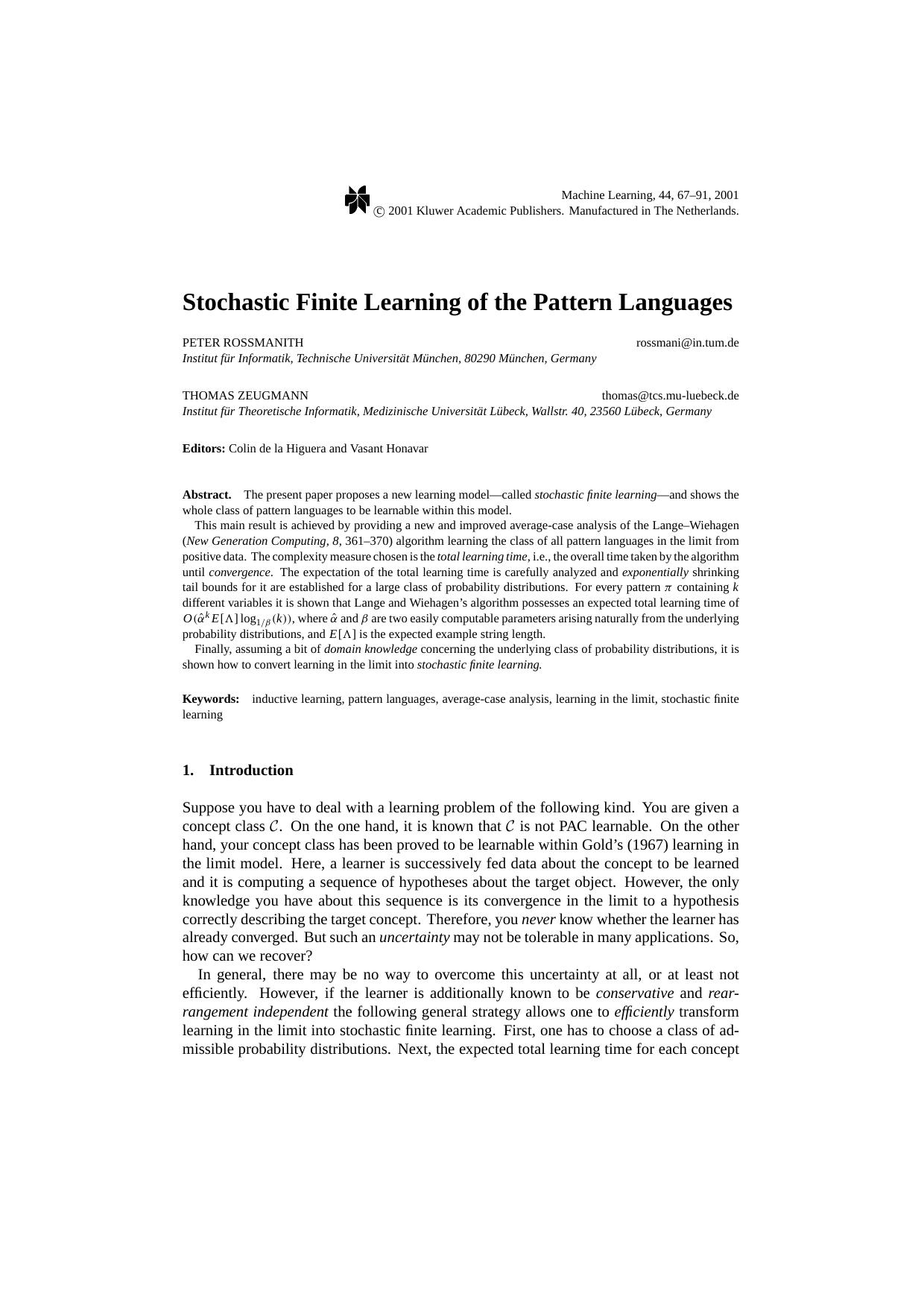 Stochastic Finite Learning of the Pattern Languages by Stochastic Finite Learning of the Pattern Languages
