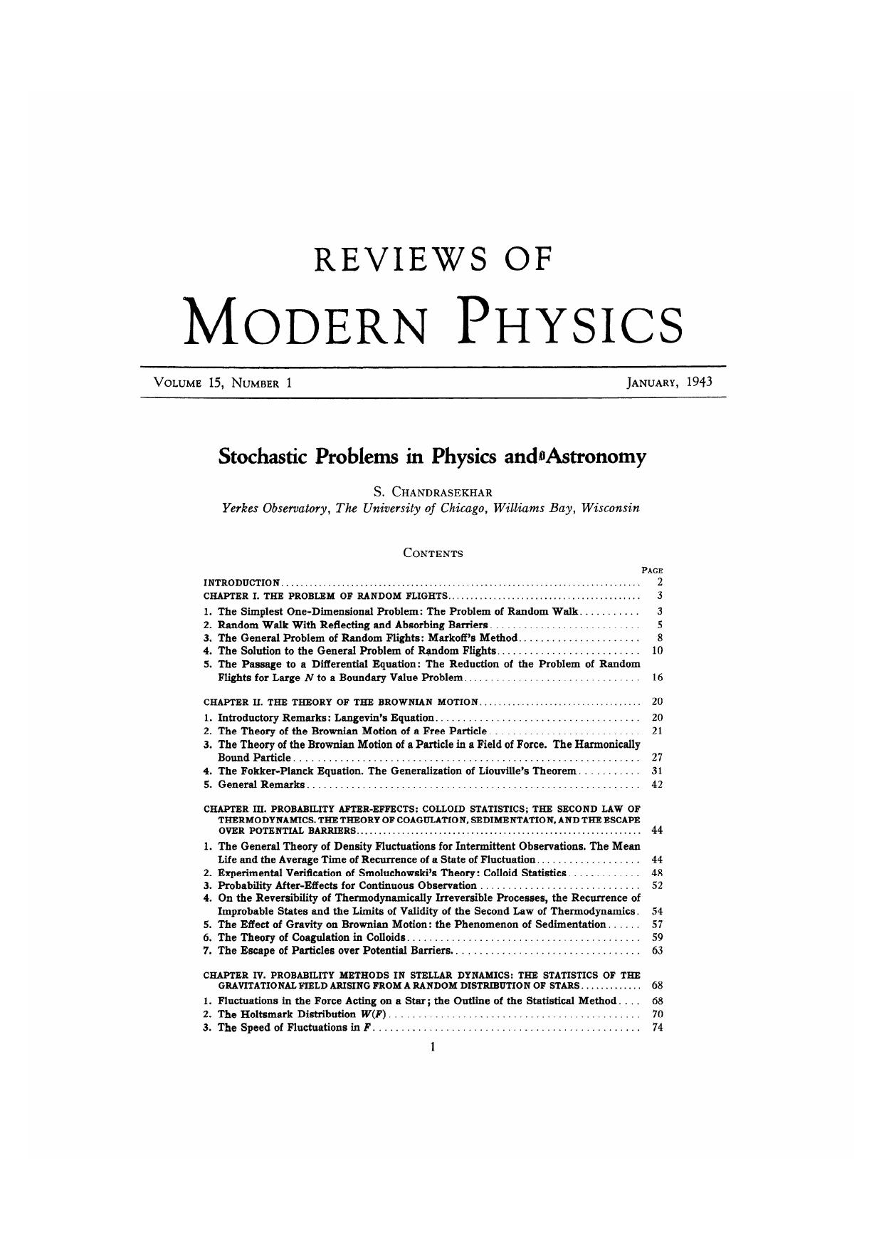 Stochastic Problems In Physics And Astronomy by Chandrasekhar
