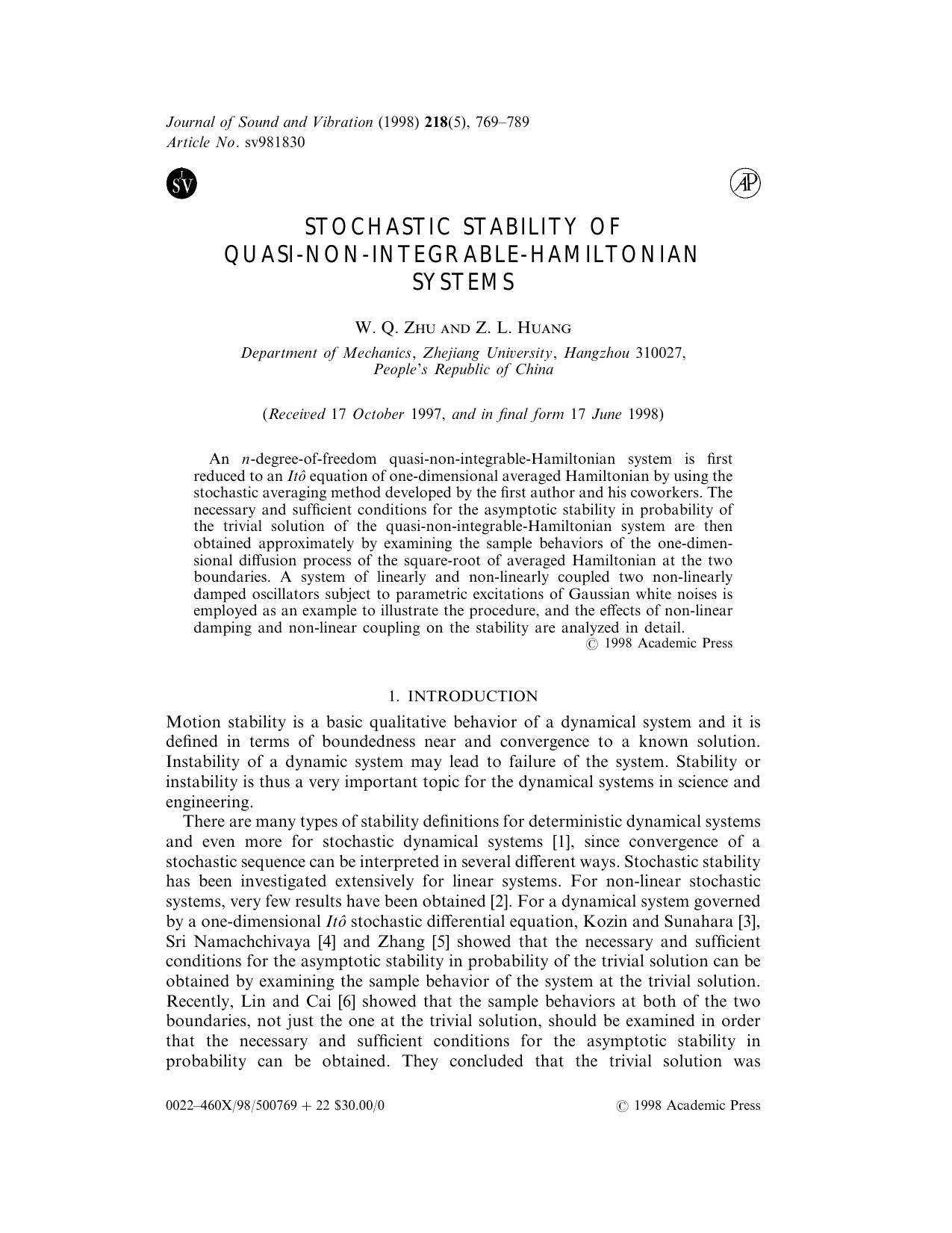 Stochastic Stability of Quasi-Non-Integrable-Hamiltonian Systems by Zhu W. Q. & Huang Z. L