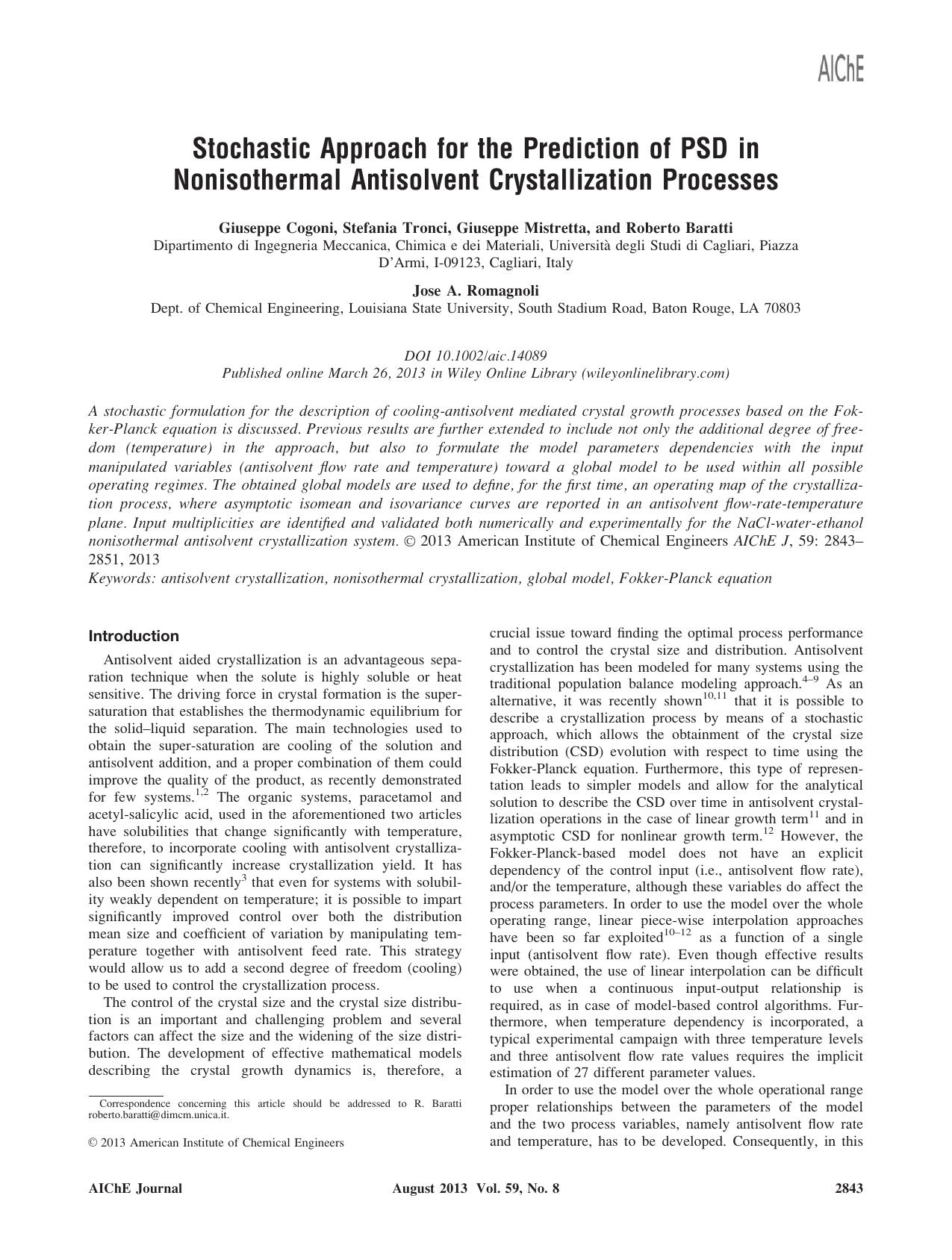 Stochastic approach for the prediction of PSD in nonisothermal antisolvent crystallization processes by Unknown