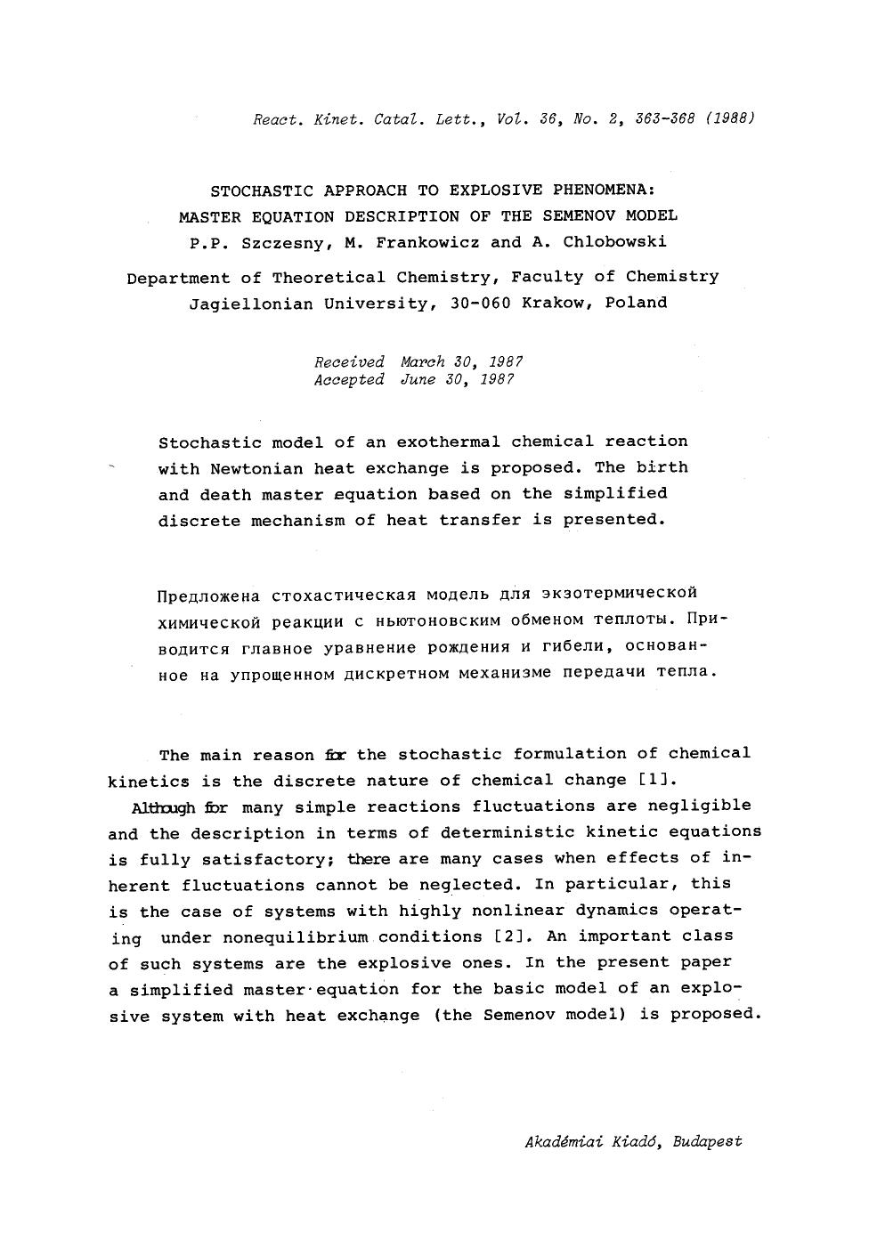 Stochastic approach to explosive phenomena: Master equation description of the Semenov model by Unknown