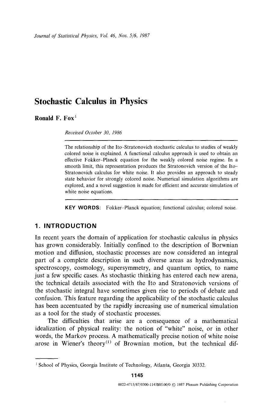 Stochastic calculus in physics by Unknown