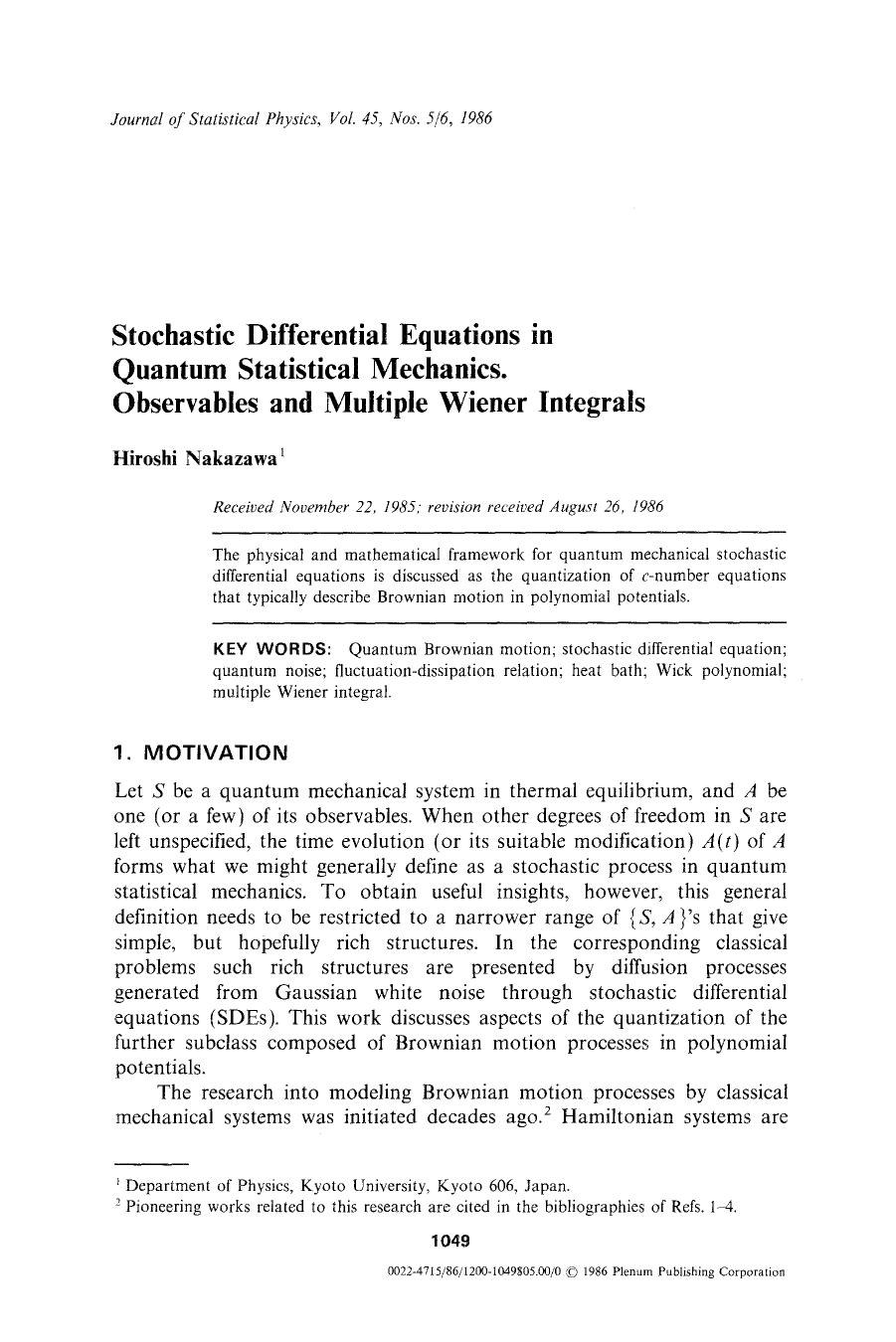 Stochastic differential equations in quantum statistical mechanics. Observables and multiple wiener integrals by Unknown
