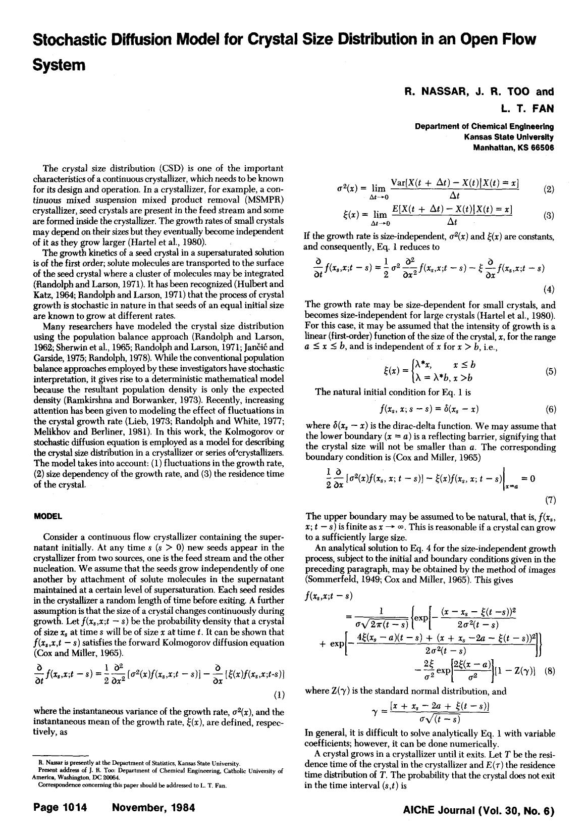 Stochastic diffusion model for crystal size distribution in an open flow system by Unknown