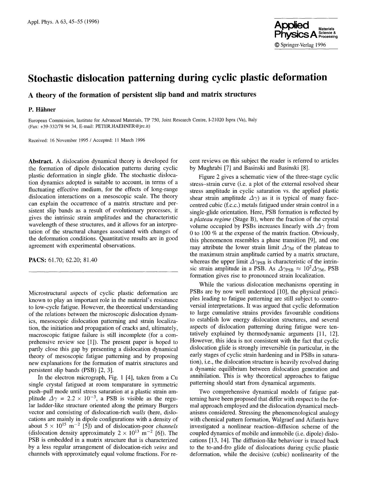 Stochastic dislocation patterning during cyclic plastic deformation by Unknown