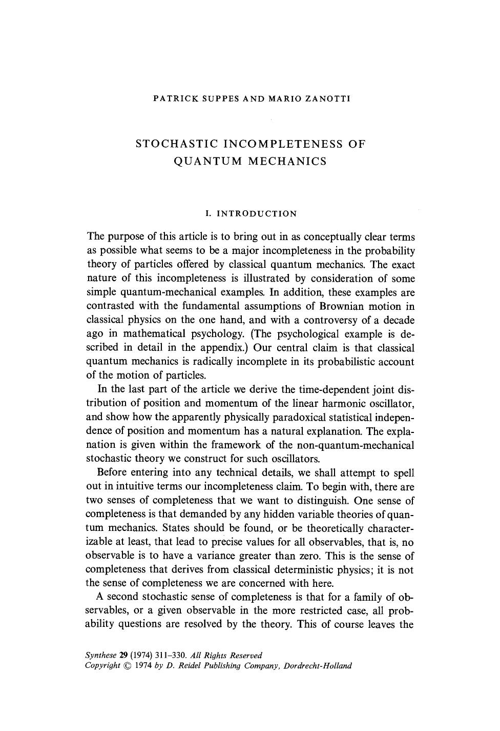 Stochastic incompleteness of quantum mechanics by Unknown