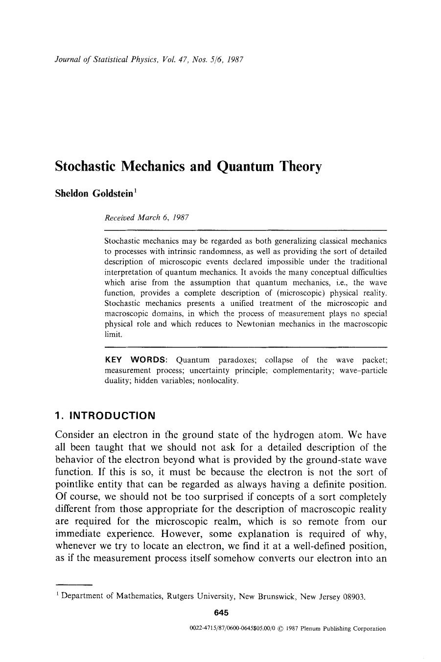 Stochastic mechanics and quantum theory by Unknown