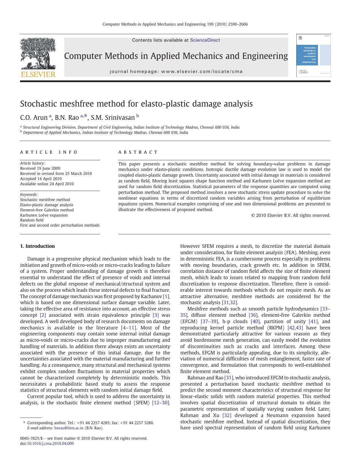 Stochastic meshfree method for elasto-plastic damage analysis by C.O. Arun & B.N. Rao & S.M. Srinivasan
