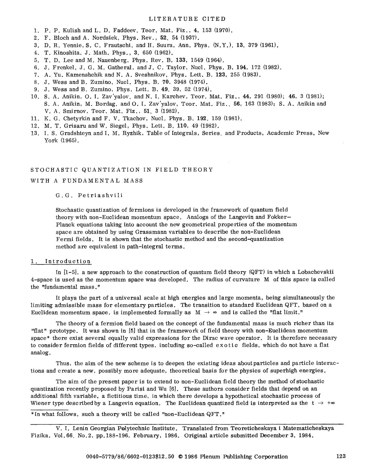 Stochastic quantization in field theory with a fundamental mass by Unknown