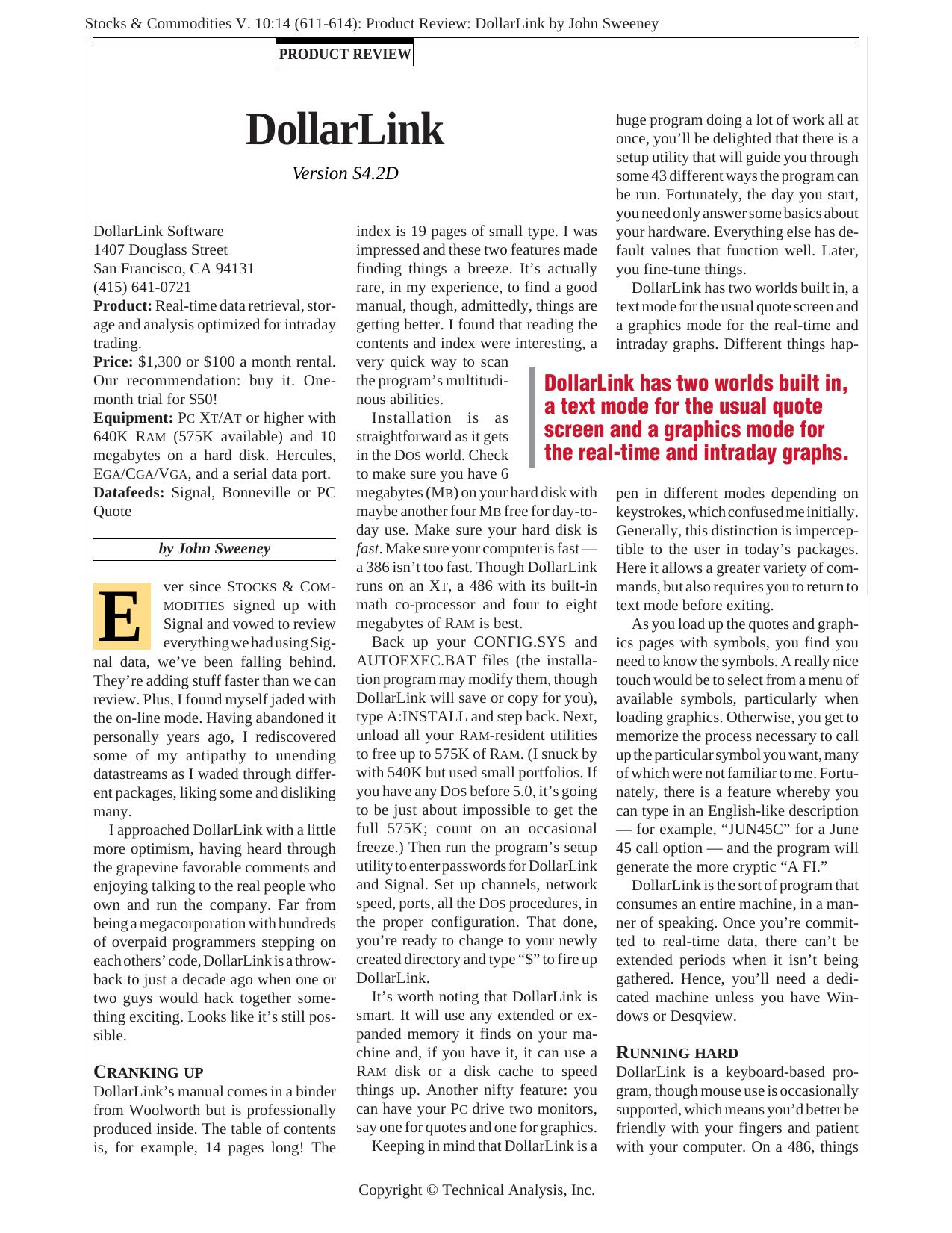 Stocks & Commodities V. 10:14 (611-614): Product Review: DollarLink by John Sweeney by John Sweeney