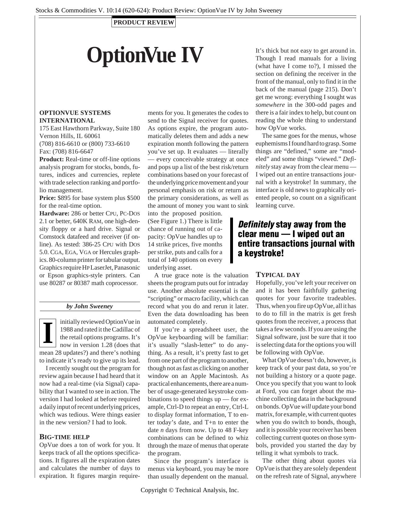 Stocks & Commodities V. 10:14 (620-624): Product Review: OptionVue IV by John Sweeney by John Sweeney