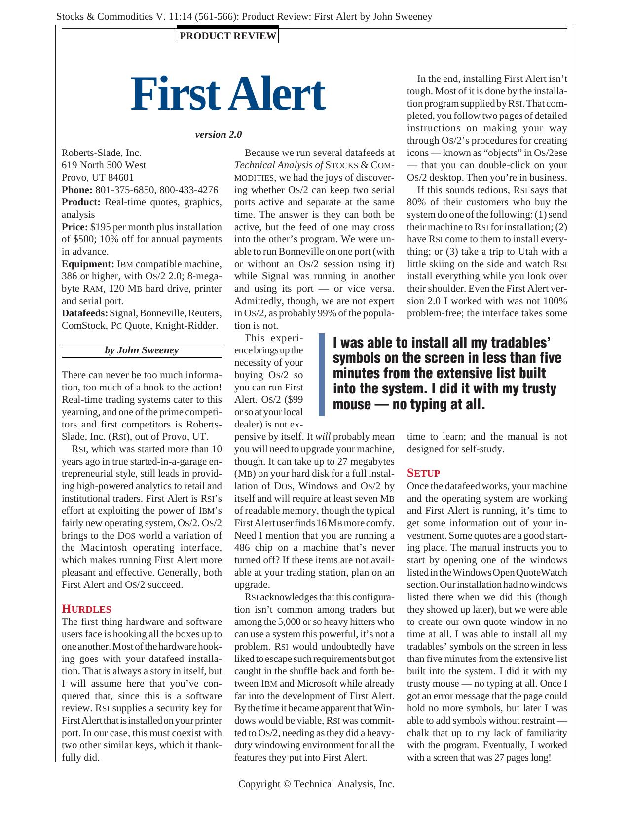Stocks & Commodities V. 11:14 (561-566): Product Review: First Alert by John Sweeney by John Sweeney