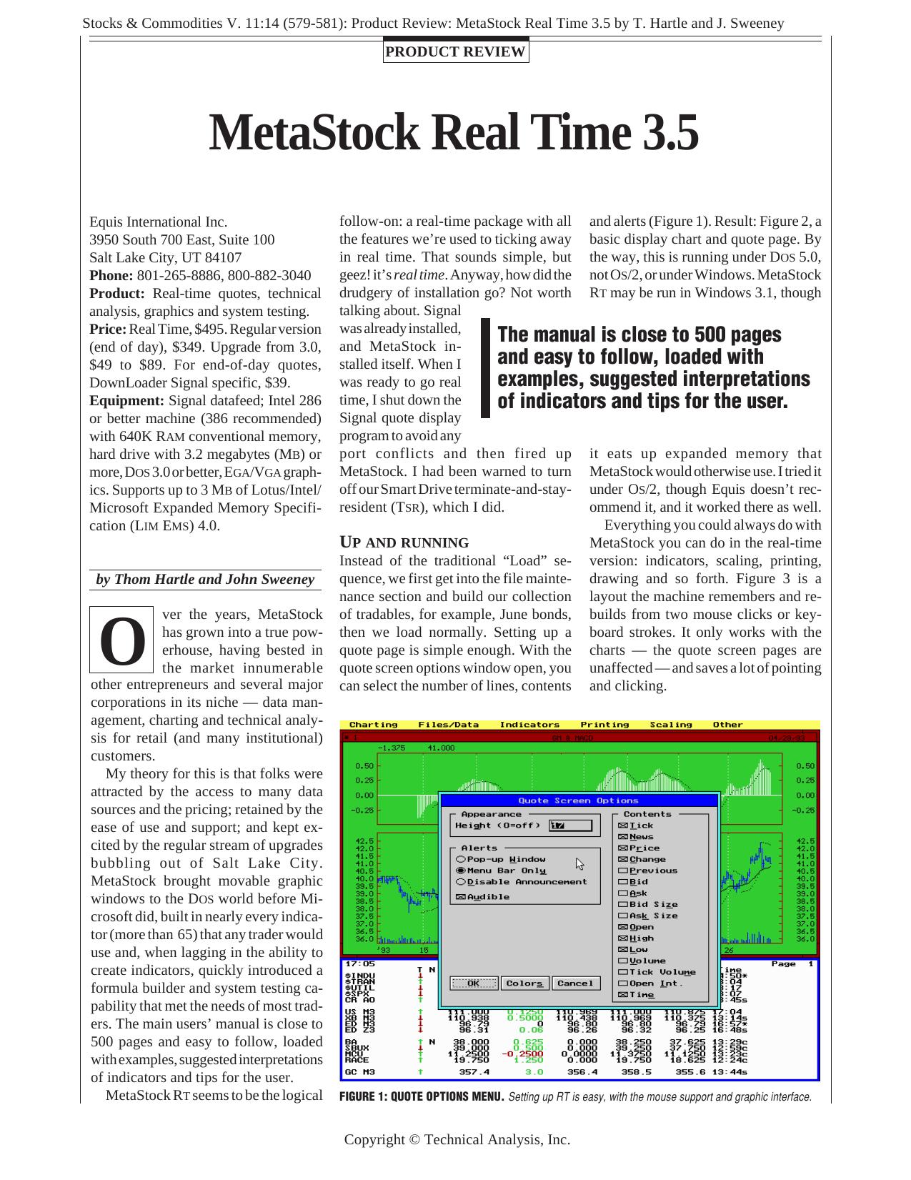 Stocks & Commodities V. 11:14 (579-581): Product Review: MetaStock Real Time 3.5 by T. Hartle and J. Sweeney by Thom Hartle & John Sweeney