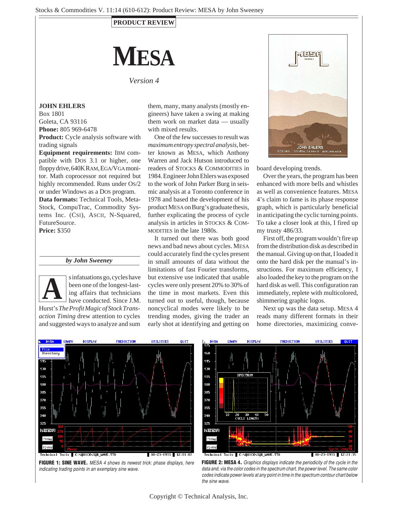 Stocks & Commodities V. 11:14 (610-612): Product Review: MESA by John Sweeney by John Sweeney