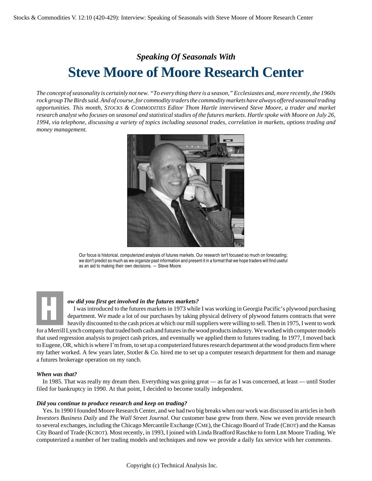 Stocks & Commodities V. 12:10 (420-429): Interview: Speaking of Seasonals with Steve Moore of Moore Research Center by Thom Hartle