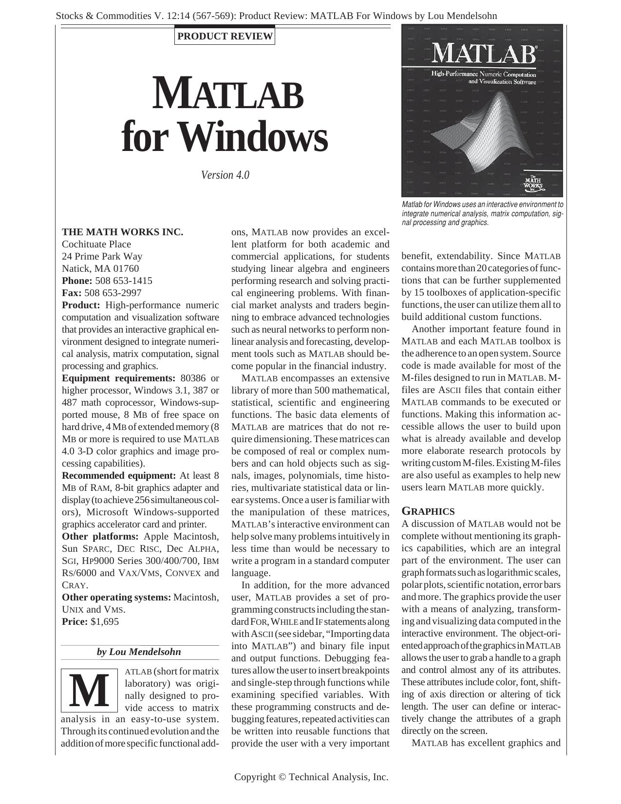 Stocks & Commodities V. 12:14 (567-569): Product Review: MATLAB For Windows by John Sweeney by John Sweeney