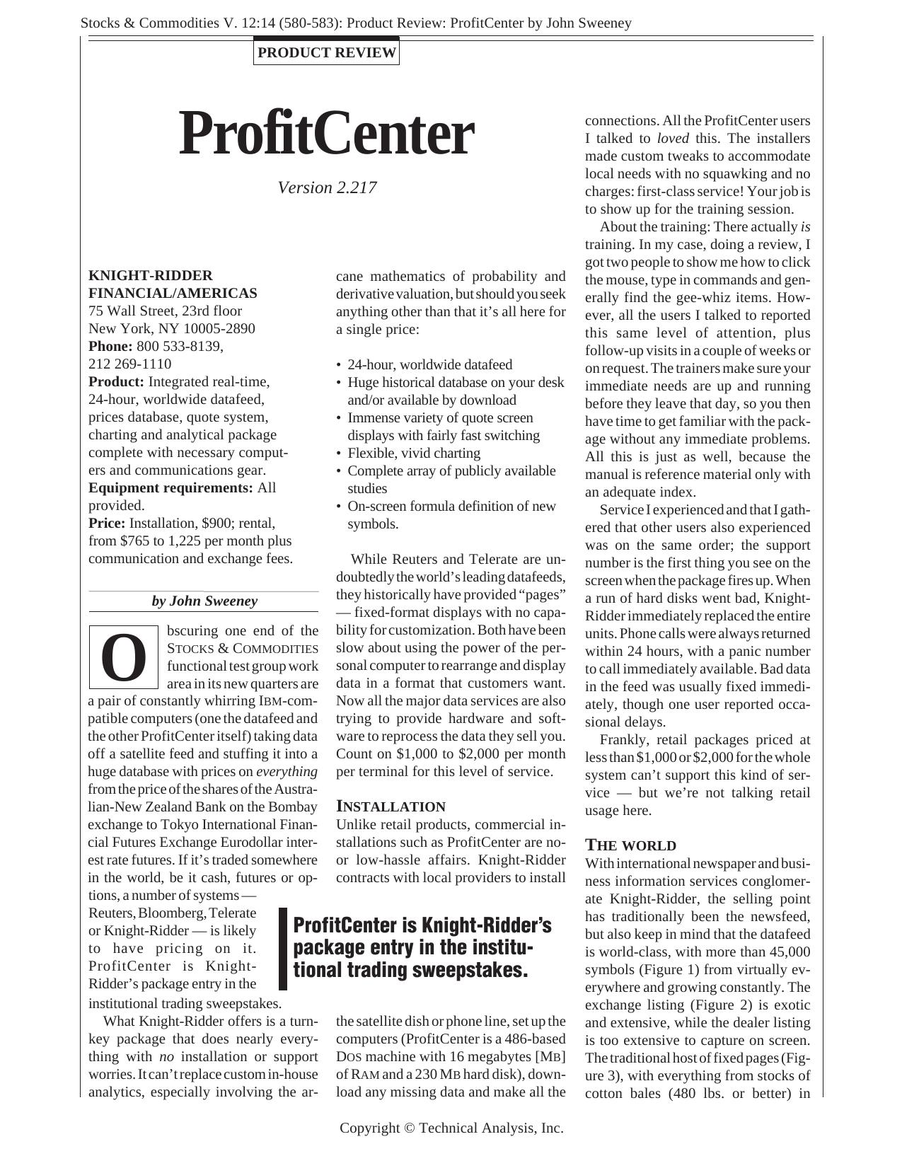 Stocks & Commodities V. 12:14 (580-583): Product Review: ProfitCenter by John Sweeney by John Sweeney