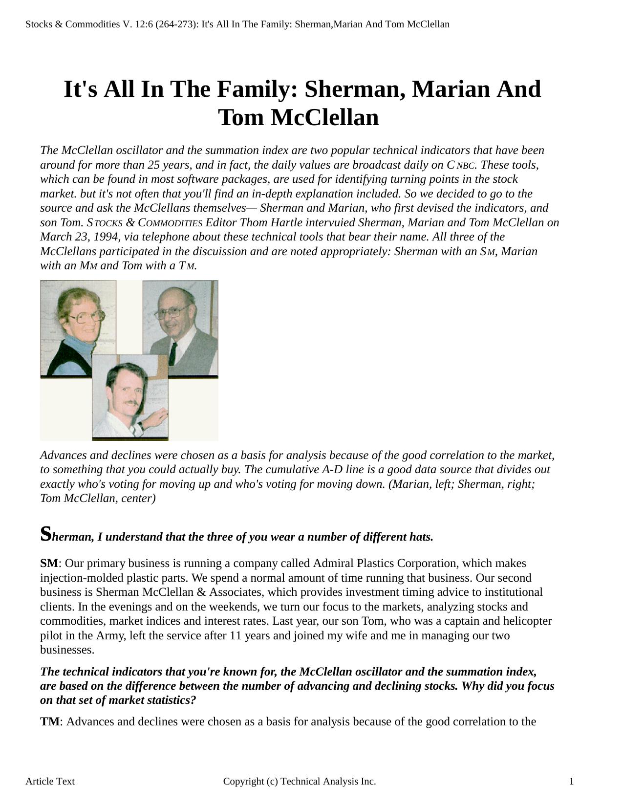 Stocks & Commodities V. 12:6 (264-273): It's All In The Family: Sherman,Marian And Tom McClellan by Thom Hartle