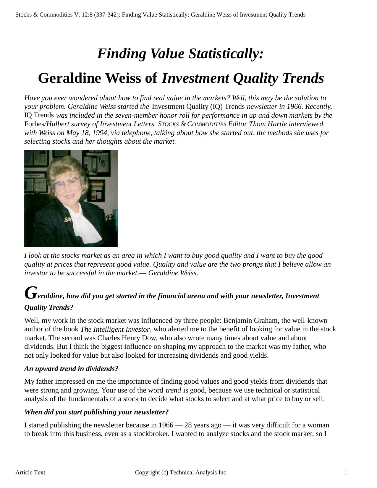 Stocks & Commodities V. 12:8 (337-342): Finding Value Statistically: Geraldine Weiss of Investment Quality Trends by Technical Analysis Inc