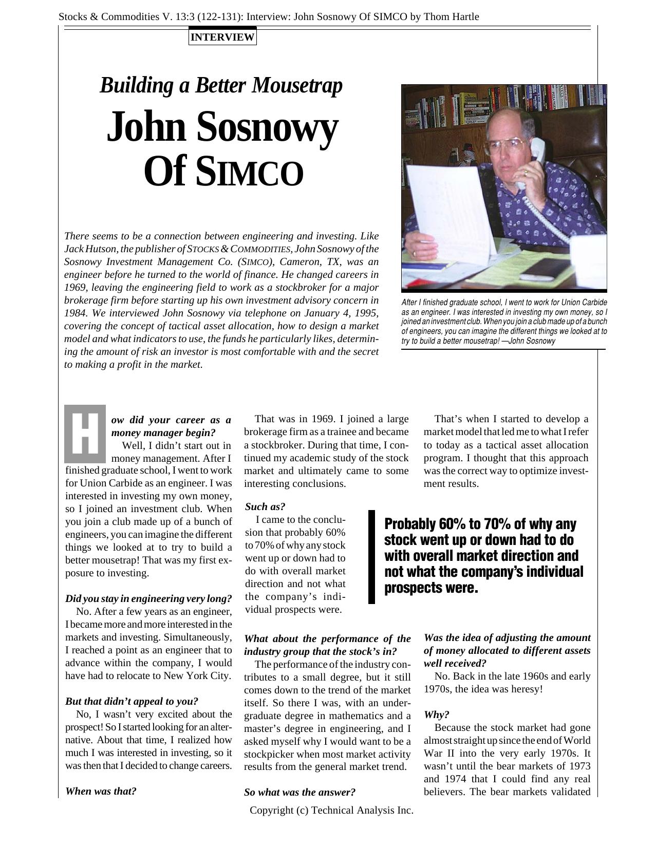 Stocks & Commodities V. 13:3 (122-131): Interview: John Sosnowy Of SIMCO by Thom Hartle by Thom Hartle