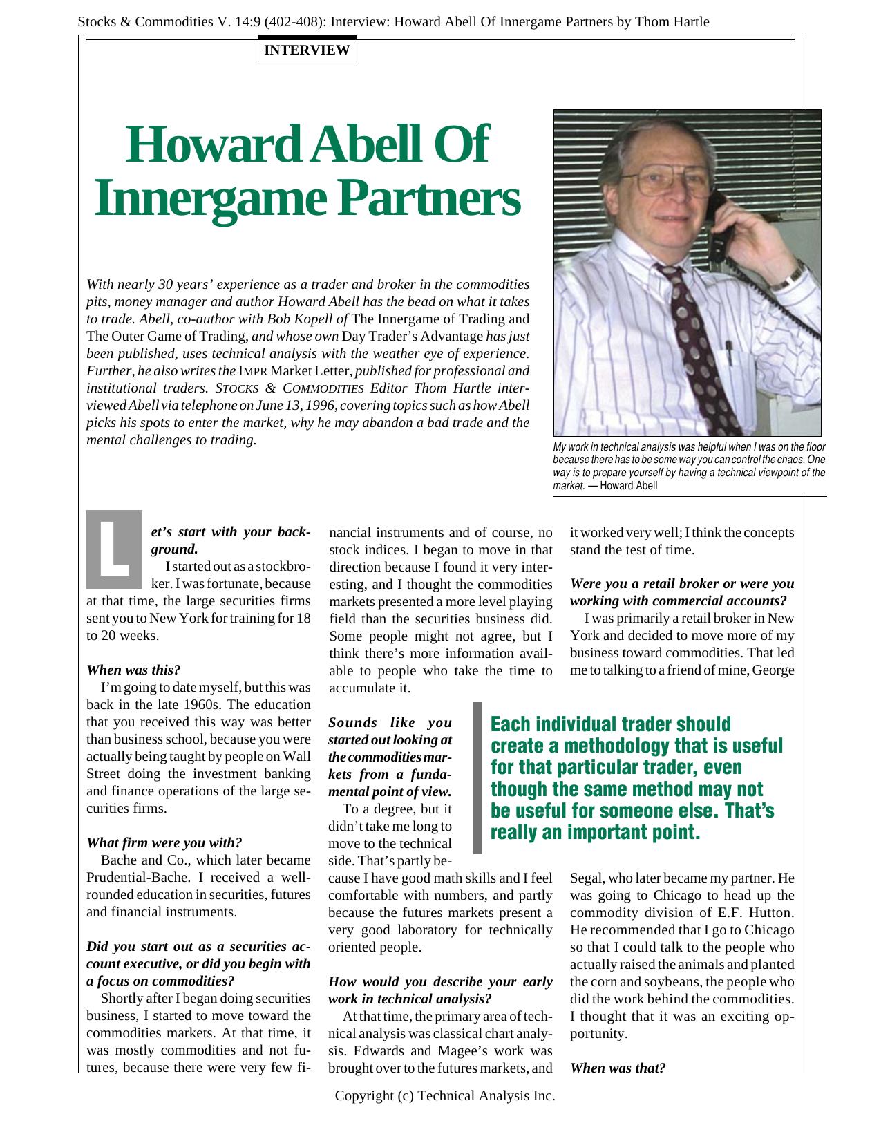 Stocks & Commodities V. 14:9 (402-408): Interview: Howard Abell Of Innergame Partners by Thom Hartle by Thom Hartle