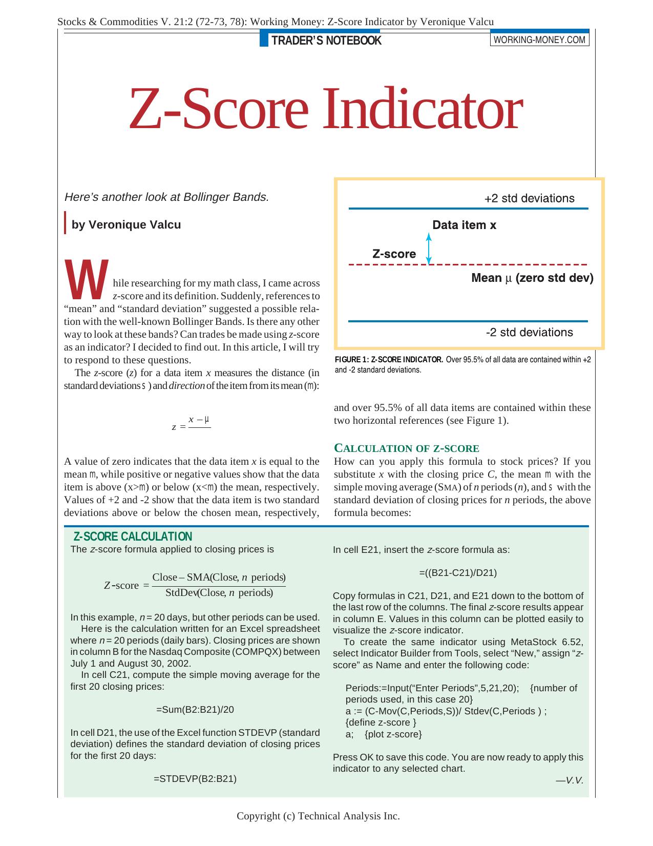 Stocks & Commodities V. 21:2 (72-73, 78): Working Money: Z-Score Indicator by Veronique Valcu by Veronique Valcu