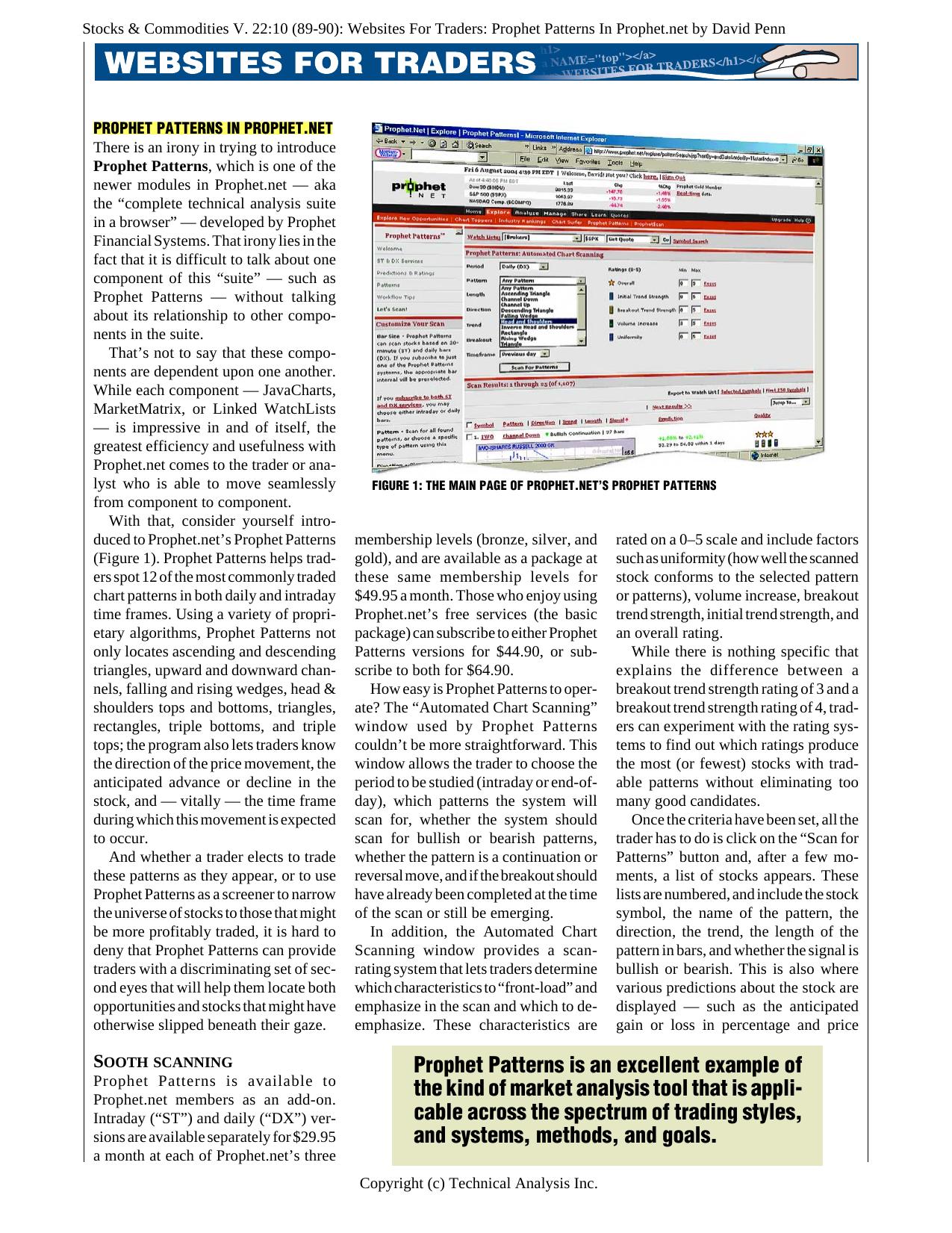 Stocks & Commodities V. 22:10 (89-90): Websites For Traders: Prophet Patterns In Prophet.net by David Penn by David Penn