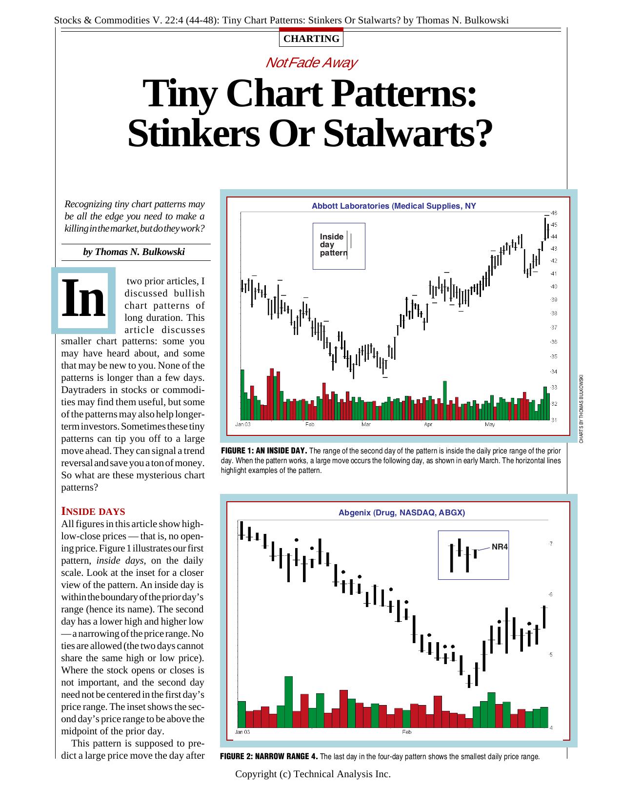 Stocks & Commodities V. 22:4 (44-48): Tiny Chart Patterns: Stinkers Or Stalwarts? by Thomas N. Bulkowski by Thomas N. Bulkowski