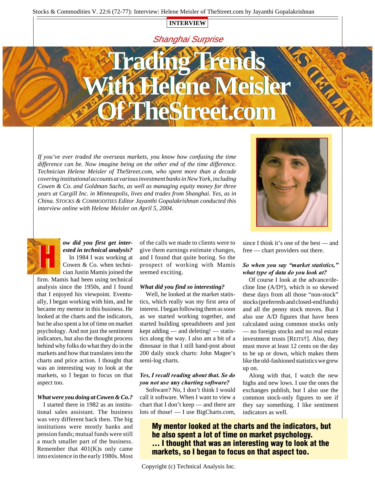 Stocks & Commodities V. 22:6 (72-77): Interview: Helene Meisler of TheStreet.com by Jayanthi Gopalakrishnan by Jayanthi Gopalakrishnan
