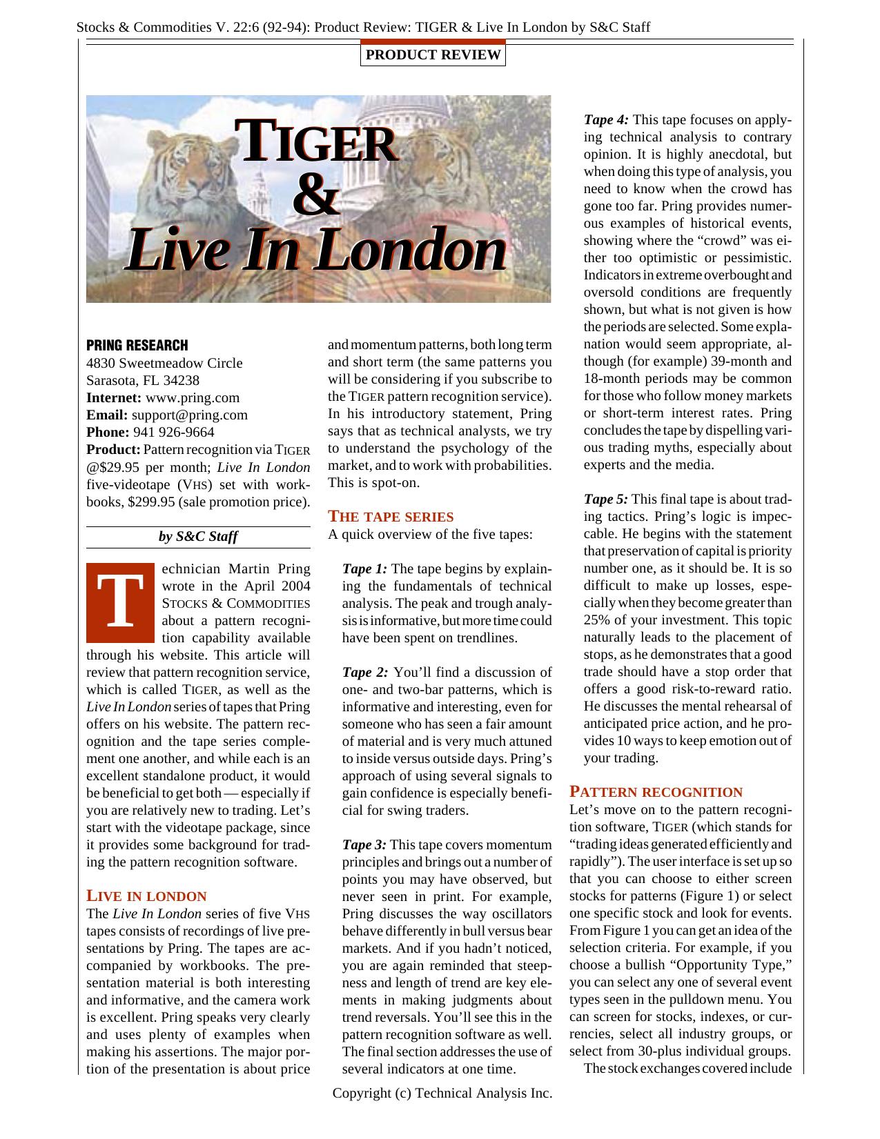Stocks & Commodities V. 22:6 (92-94): Product Review: TIGER & Live In London by S&C Staff by S & C Staff